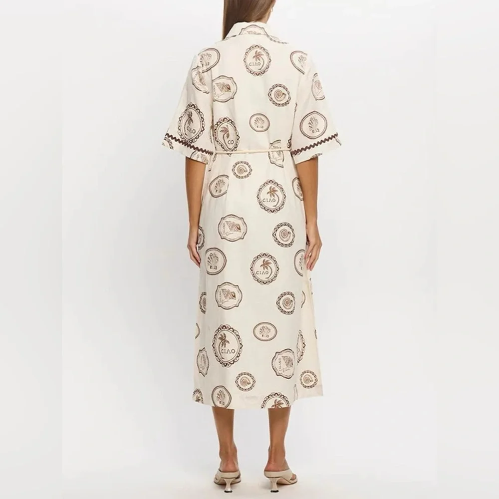 NWT Island Postcard Print Button-Down Midi Shirt Dress Belted, Boho Summer S-2XL - Picture 6 of 8